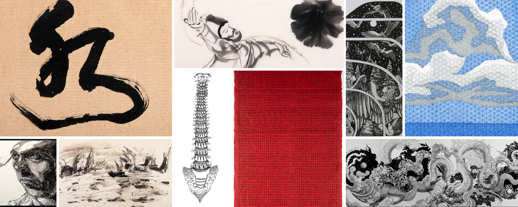 Collage of nine different images from the GVSU Art Museum Collection that showcase the medium ink and pen drawings.